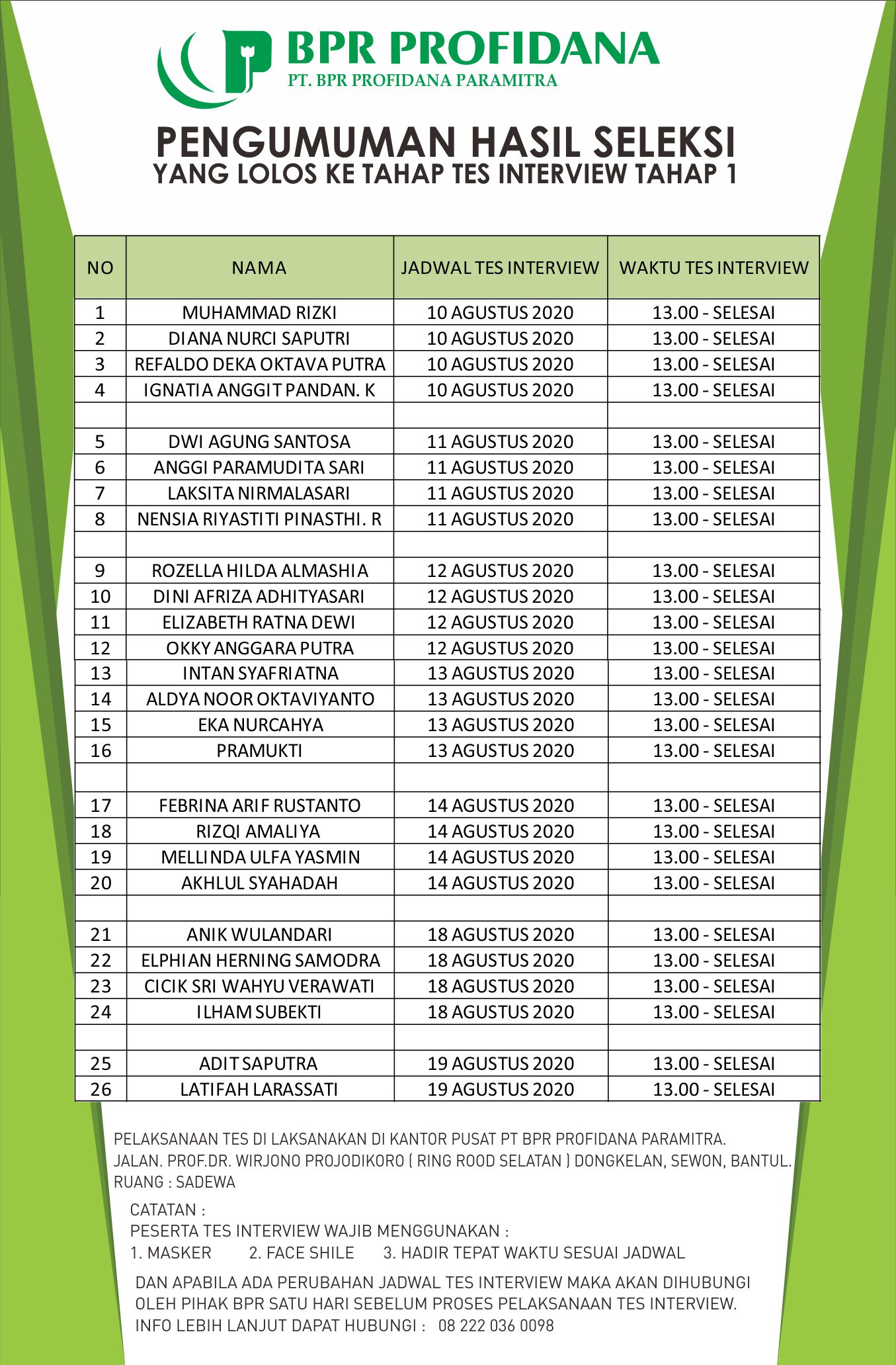 PENGUMUMAN HASIL SELEKSI STAFF OPERASIONAL
